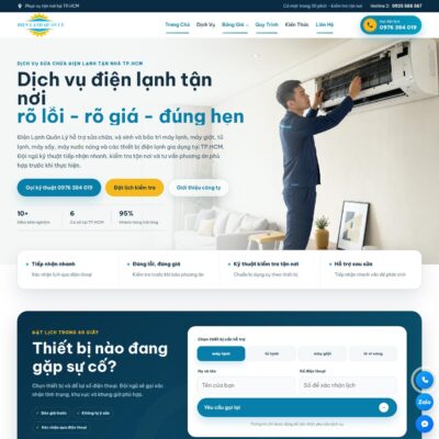 Nam Việt Software triển khai thiết kế 7+ chức năng website điện lạnh gồm: ✔️Đặt lịch dịch vụ trực tuyến, Yêu cầu báo giá, Danh mục sản phẩm,